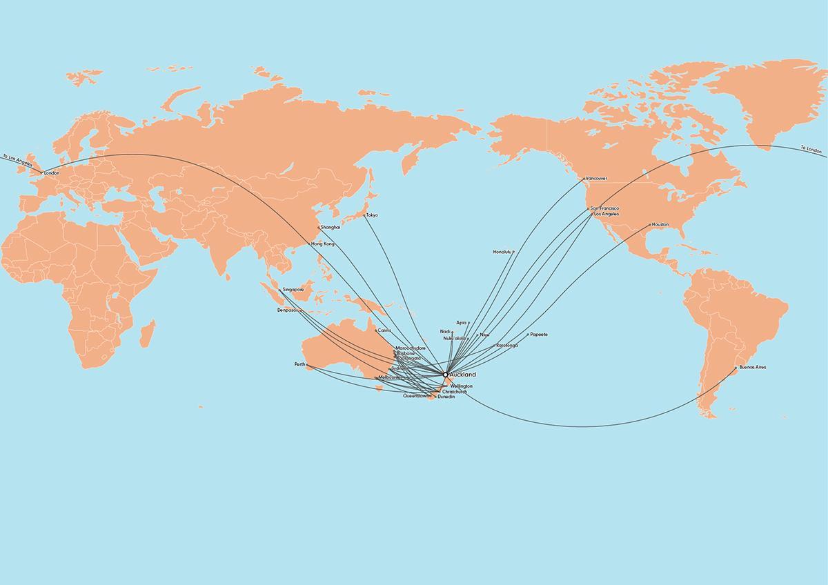 air new zealand mapa ang ruta ng mga internasyonal na