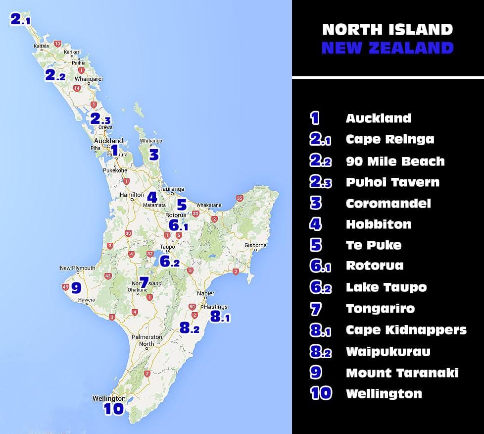 Mapa ng new zealand north atraksyon ng isla