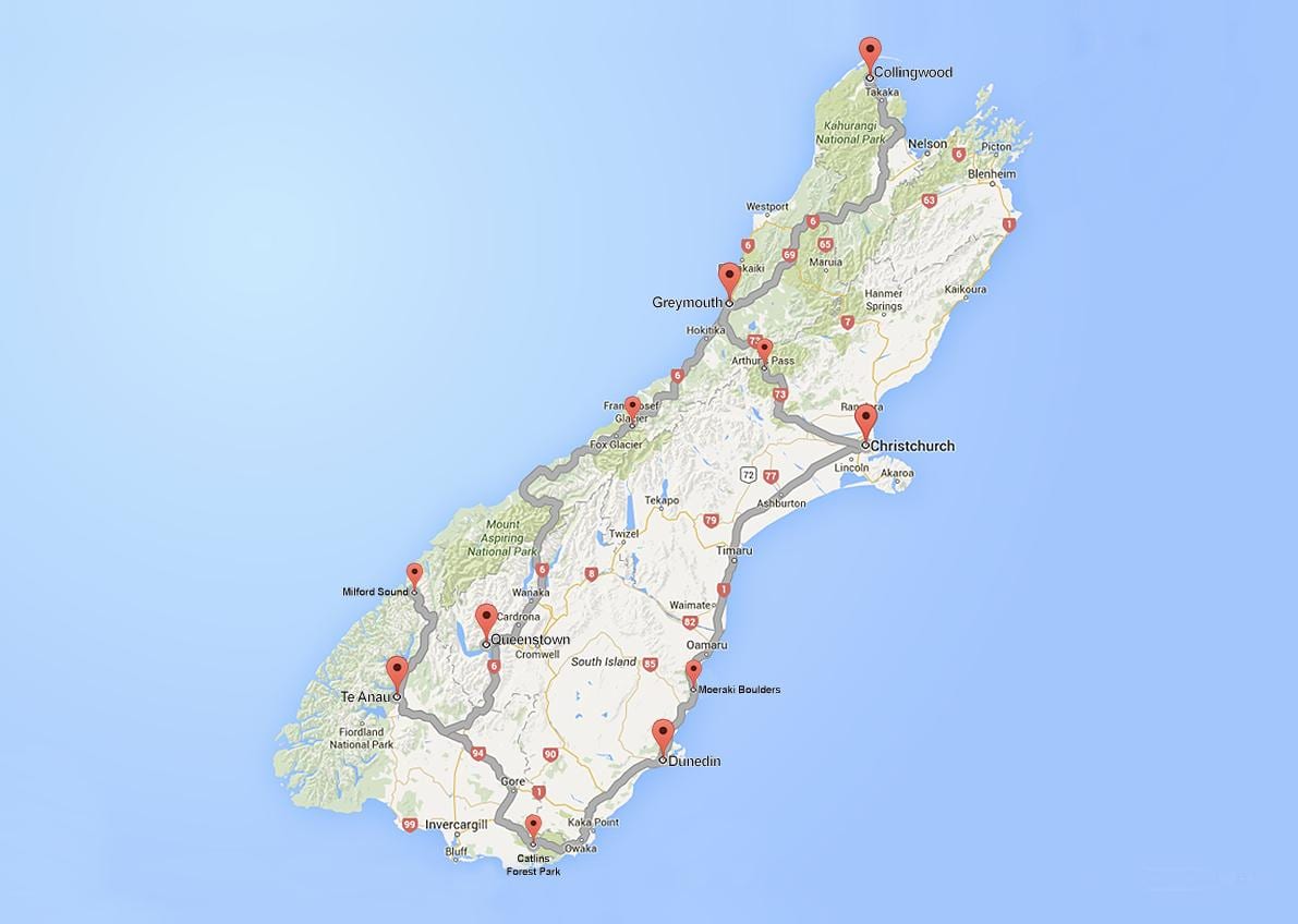 detalyadong mga mapa ng daan ng south island ng new zealand
