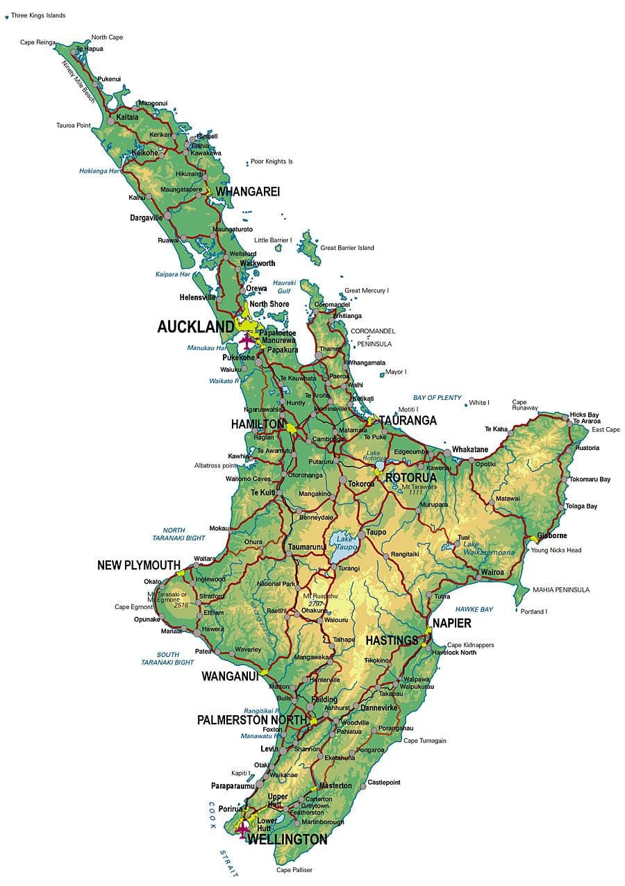 new zealand north isla na pinupuntahan ng mga turista mapa