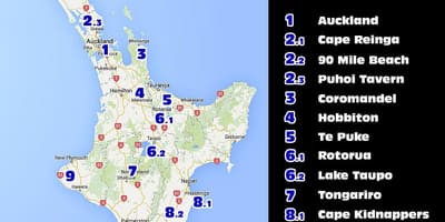 Mapa ng new zealand north atraksyon ng isla